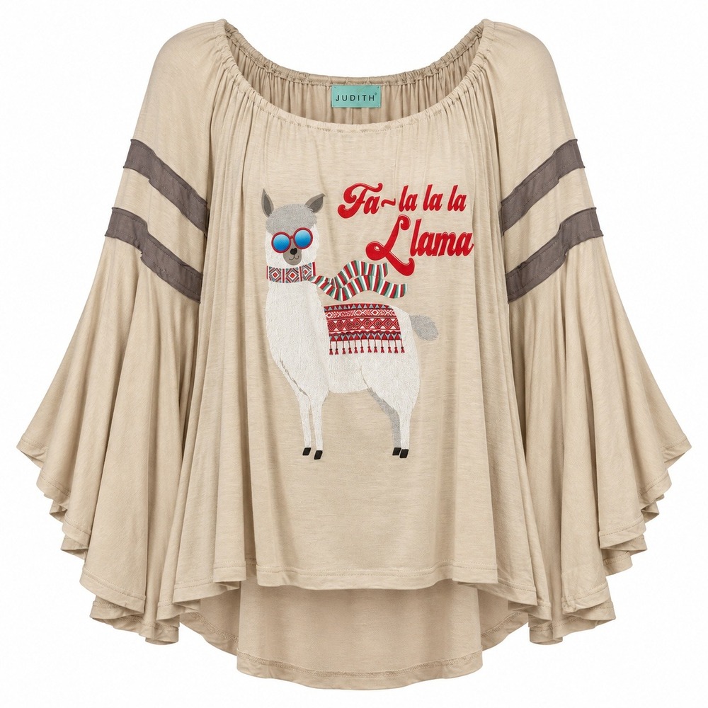 Judith March Boho Christmas Llama Bell Sleeve Top Women Medium Holiday Festive